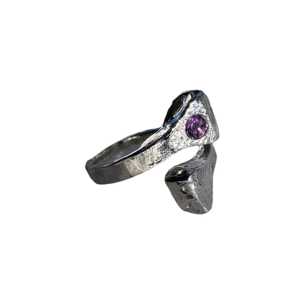Silver horseshoe nail ring with amethyst