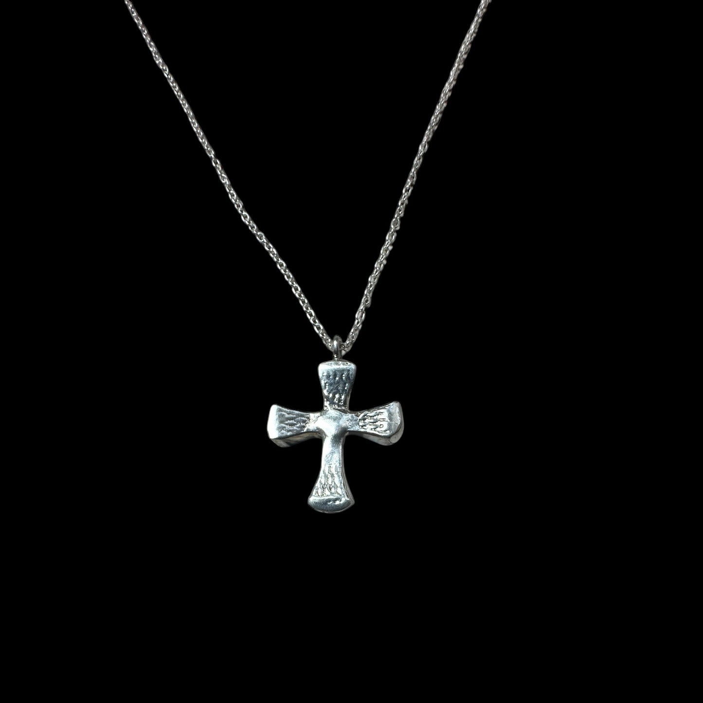 Handmade sterling silver cross pendant with adjustable 20-inch oval cable chain, artisan equestrian spiritual necklace.