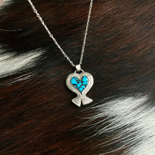 heart shaped Necklace with blue  turquoise  in center