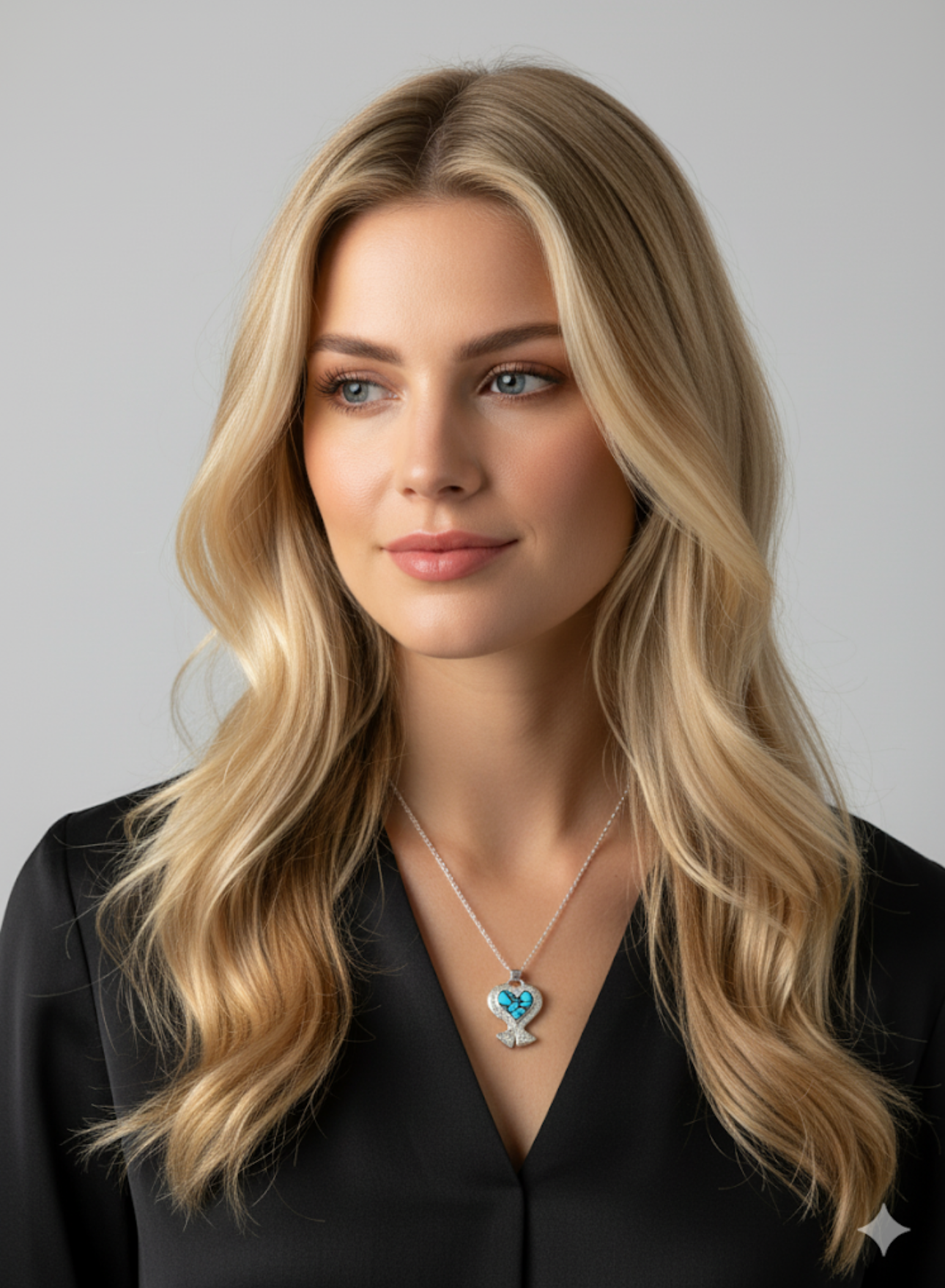 Woman wearing a black top and a necklace with a blue heart pendant on a gray background
